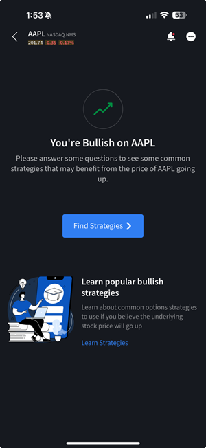 The options wizard find strategies button on the iPhone. 
